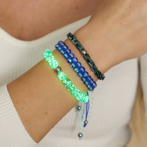 Bleu arctique | Argent | Bracelet macramé verre luciole